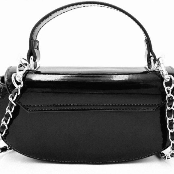 NWT Valentino Orlandi Black Patent Leather Mini Handbag Gold Chain Strap V Logo - Picture 5 of 7